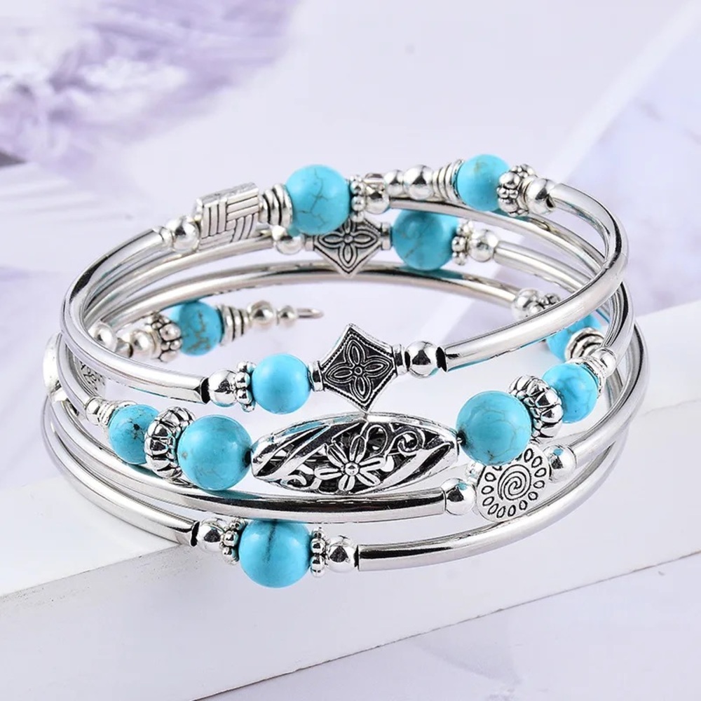 Bali Style - Beaded Coil Wrap Bracelet - Turquoise - Picture 2 of 4